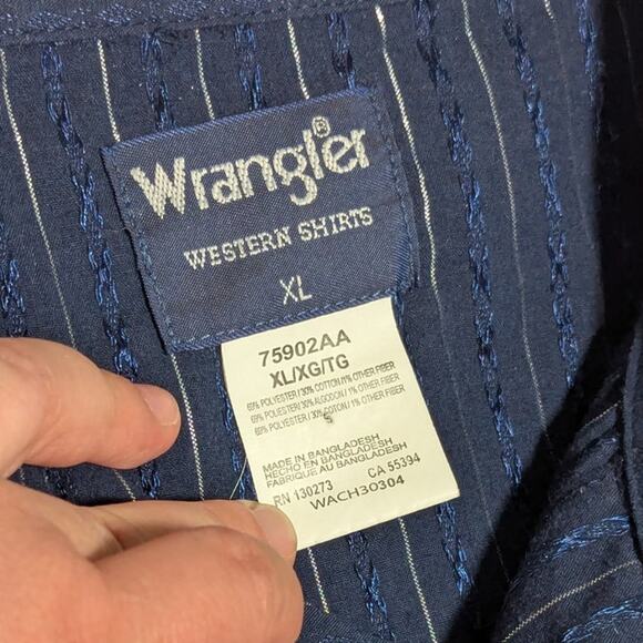 Vintage Wrangler Western Pearl Snap Button Down Shirt Navy Blue Mens X-Large XL - Picture 3 of 3